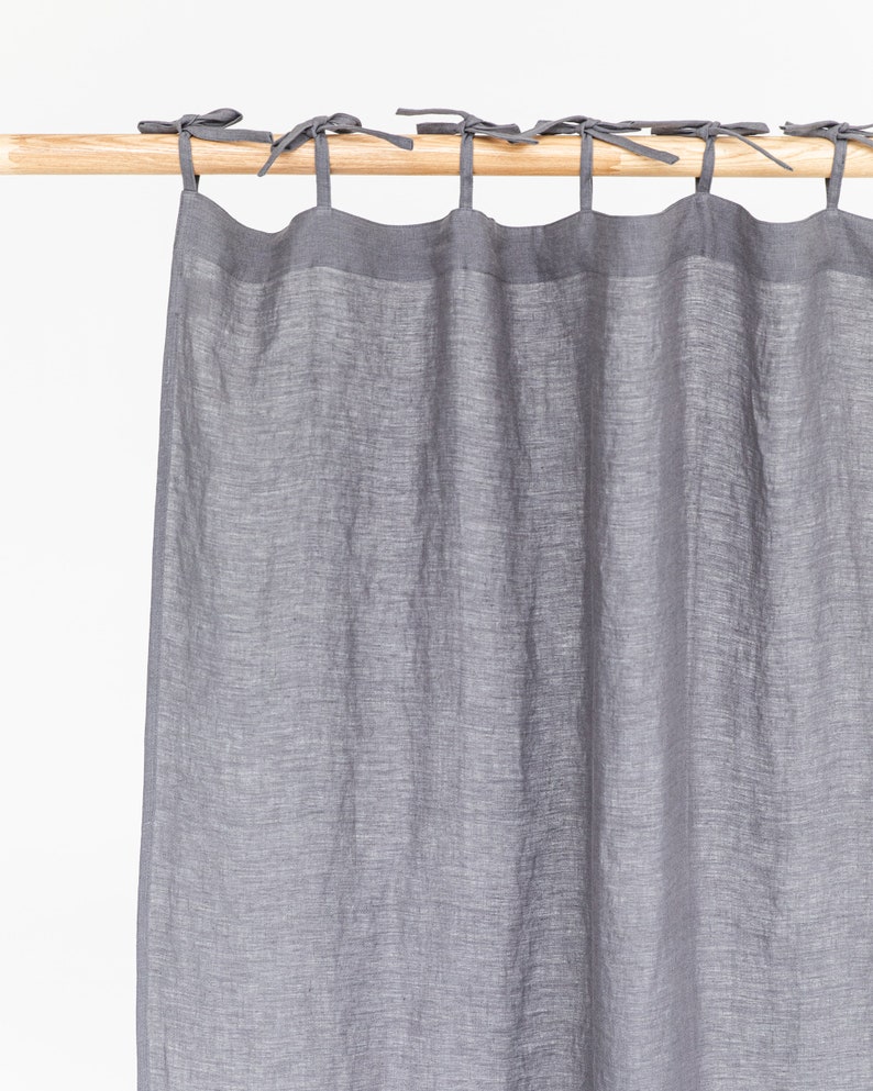 Tie top linen curtain panel, Various colours 1 pcs. Semi-sheer window, door curtain. Custom rod drapes with ties Charcoal gray