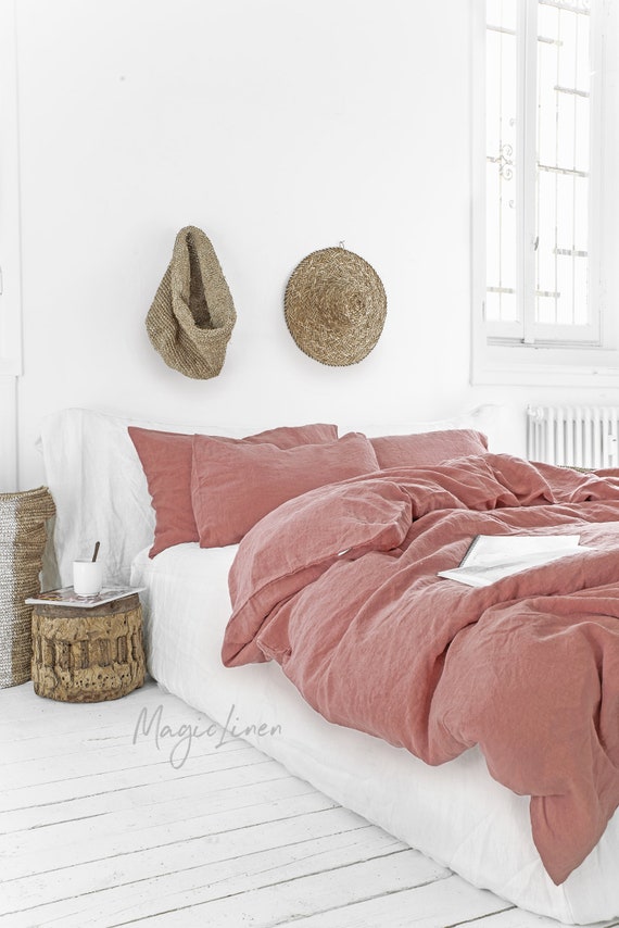 3 Piece Linen Bedding Set In Rust Pink King Queen Duvet 50