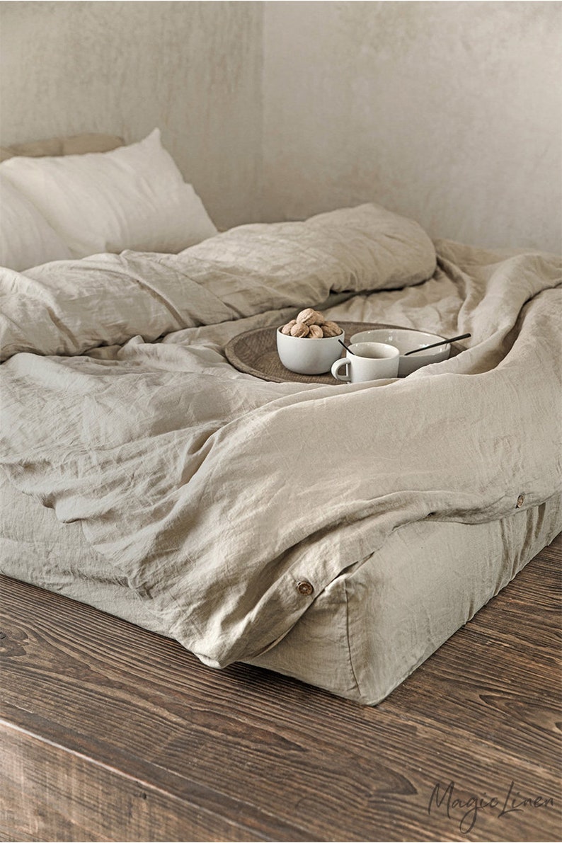 Linen fitted sheet in Natural Linen Oatmeal color. King / Queen bed sheet. zdjęcie 6