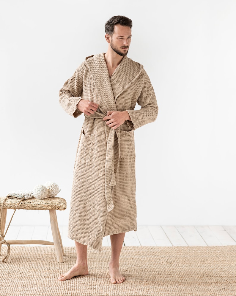 Men's linen waffle robe / Unisex linen robe / Waffle bath robe for men / Loungwear for men Beige