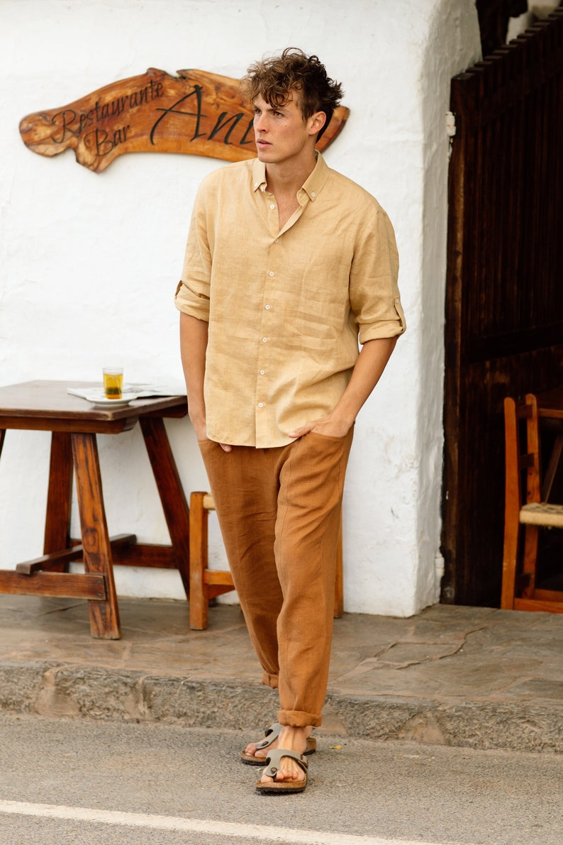 Men's linen shirt CORONADO in Sandy beige / Long sleeve shirt / Men's linen summer shirt image 1