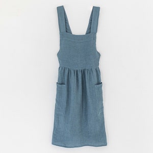 Linen pinafore apron Pinafore dress with pockets Stonewashed linen apron for cooking and gardening Gray blue