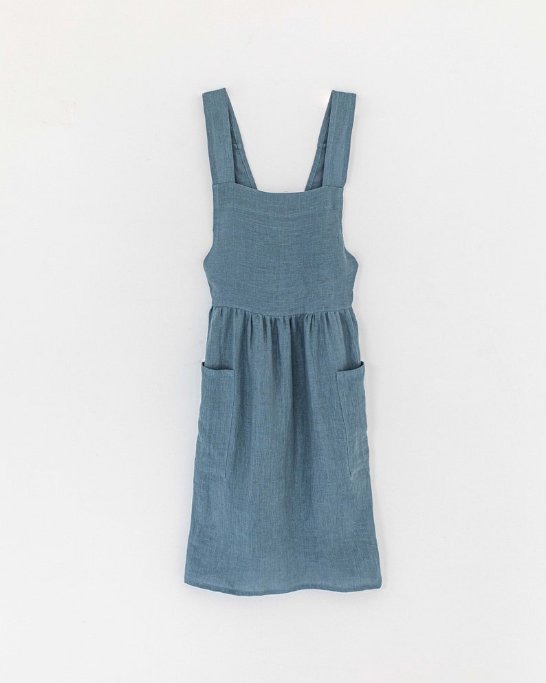 Linen pinafore apron Pinafore dress with pockets Stonewashed linen apron for cooking and gardening Gray blue