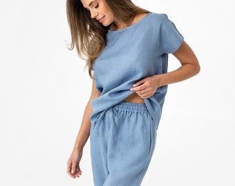 Women's linen pajama set RAVELLO / Short sleeve blue pajama / Linen sleepwear / Linen loungewear