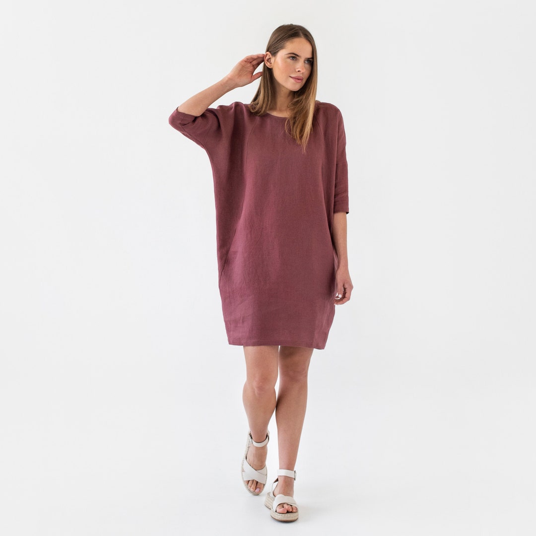 Vestido de lino color ciruela – Vestido trapecio holgado hasta la