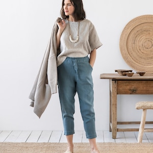 Linen pants DOMME in Natural melange. Loose linen trousers with elastic waistband. Linen clothing for women. Gray blue