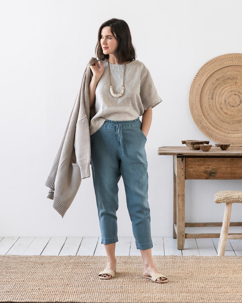 Linen pants DOMME in Natural melange. Loose linen trousers with elastic waistband. Linen clothing for women. Gray blue