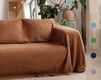 Waffle linen couch cover in Cinnamon brown | Waffle weave blanket | Linen bedspread | Sofa throw blanket | Custom sizes