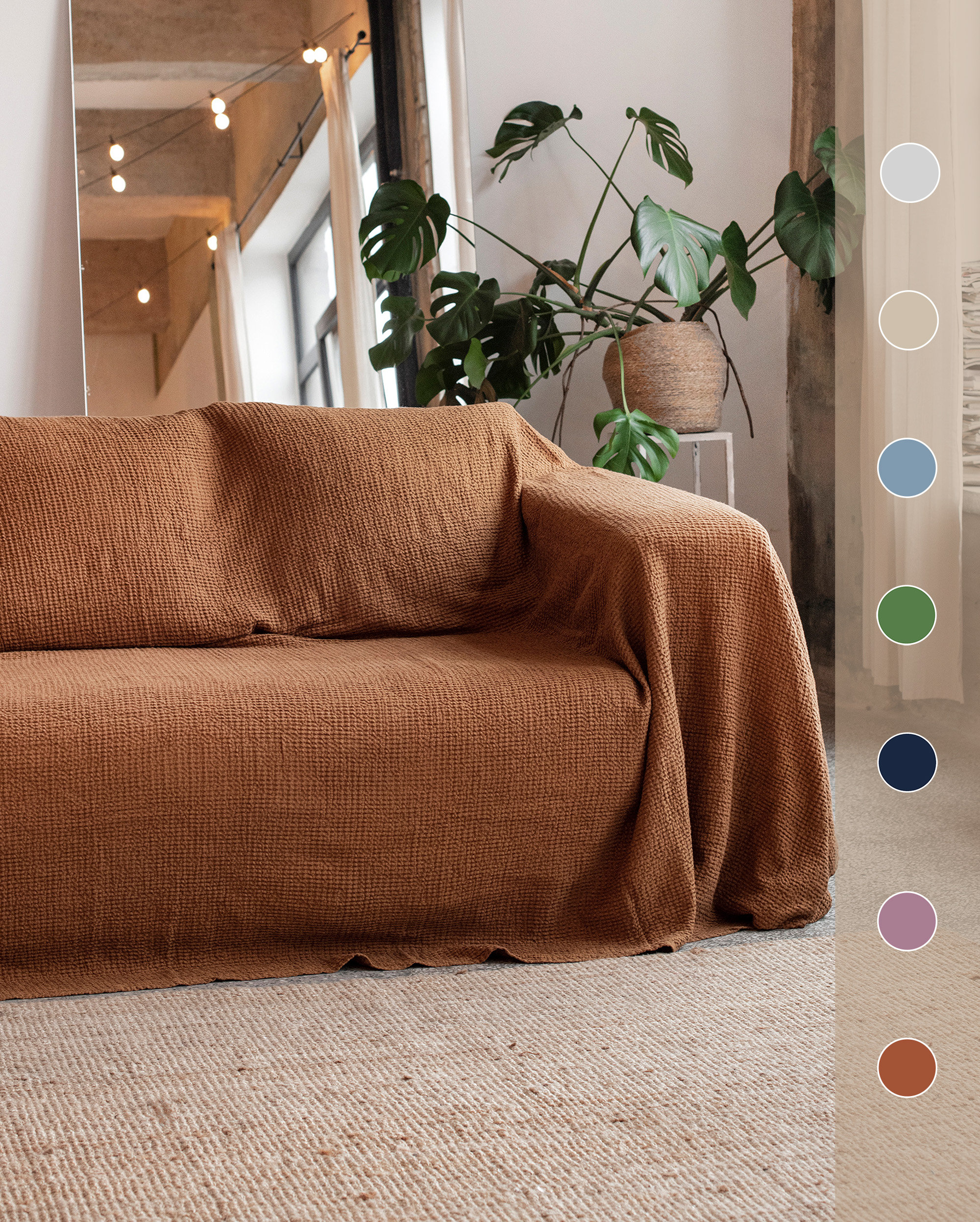 Waffle Linen Sofa Cover in Cinnamon Brown - Cozy Couch Cover Waffle Linen Sofa Cover in Cinnamon Brown - Cozy Couch Cover