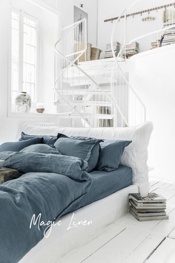 Housse De Couette En Lin En Bleu Gris Literie En Lin Etsy