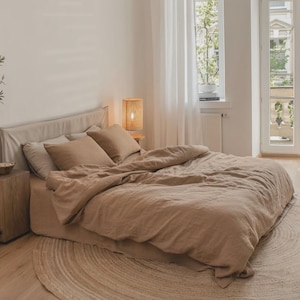 Latte Linen Duvet Cover Set – 3 Piece Queen King Bedding – Stonewashed Midweight Linen, Soft Breathable Warm Beige Latte Bedding Set