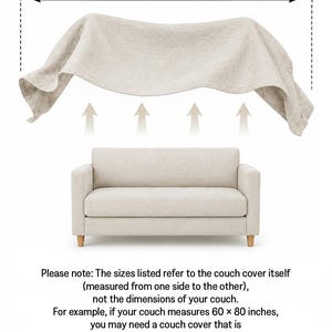a beige couch with a large beige blanket draped over it, and there are measurements and instructions provided.