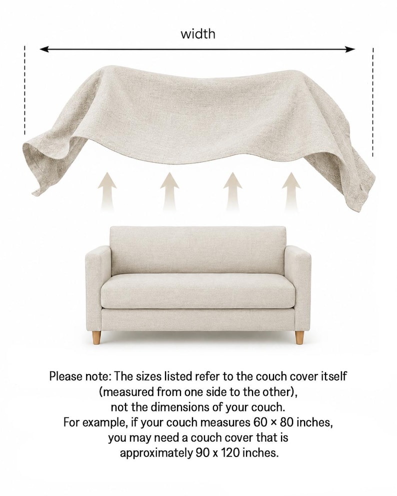 a beige couch with a large beige blanket draped over it, and there are measurements and instructions provided.