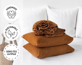 Linen sheet set in Cinnamon. Fitted sheet, flat sheet, 2 pillow cases. Linen bedding, King/Queen size.