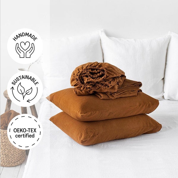 Linen sheet set in Cinnamon. Fitted sheet, flat sheet, 2 pillow cases. Linen bedding, King/Queen size.