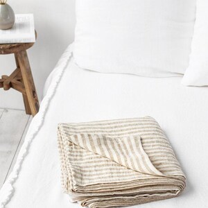 Natural Striped Linen Flat Sheet – Stonewashed European Top Sheet – Natural Soft Neutral Bedding – Coastal Cottage Style – Queen King Sizes image 2