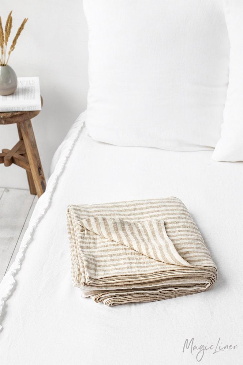 Natural Striped Linen Flat Sheet – Stonewashed European Top Sheet – Natural Soft Neutral Bedding – Coastal Cottage Style – Queen King Sizes image 2