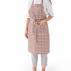 Linen apron. Washed linen apron for cooking, gardening. Full apron for women and men. Cinnamon gingham