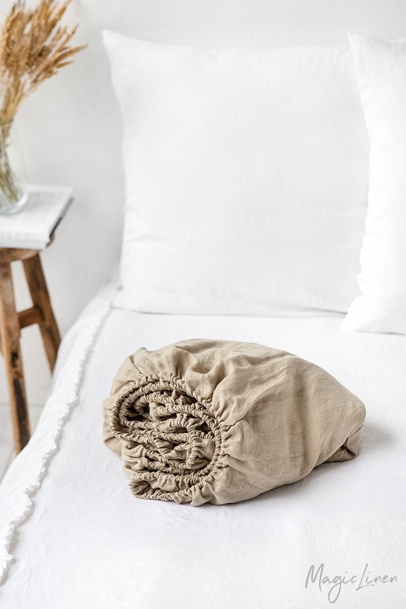 Drap-Housse en Lin Naturel | Flocons d'avoine. Drap de Lit King/Queen.