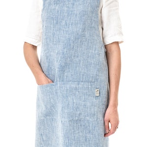 Pinafore linen apron. Japanese cross back apron. No ties linen aprons for women. Linen apron. Blue melange