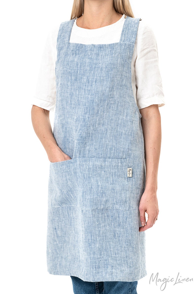 Pinafore linen apron. Japanese cross back apron. No ties linen aprons for women. Linen apron. Blue melange