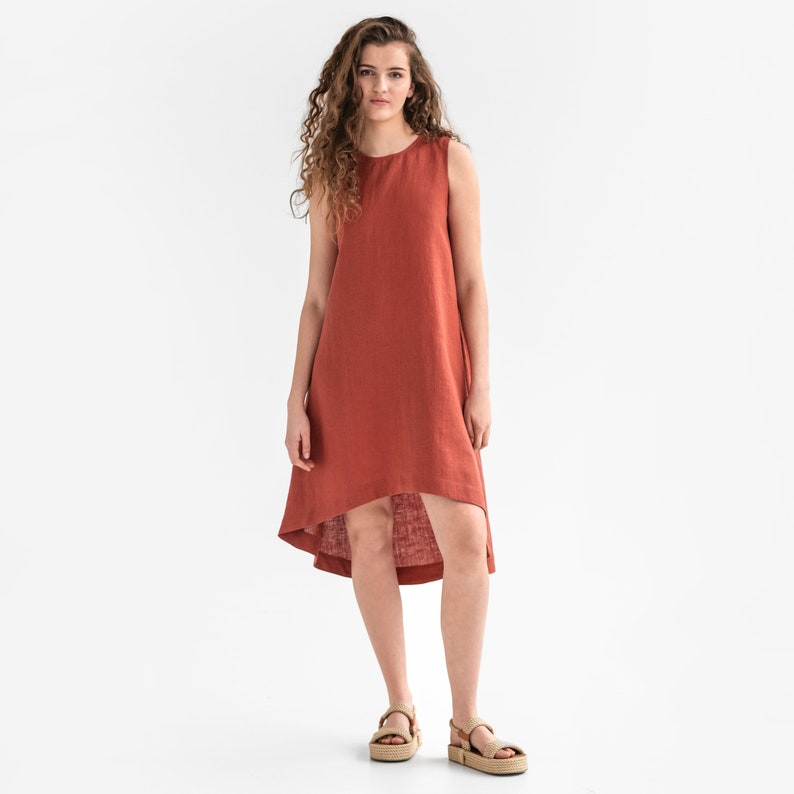 Clay linen dress Royal Toscana. Asymmetrical, sleeveless, loose, knee-length linen summer dress. Women's clothing. Clay