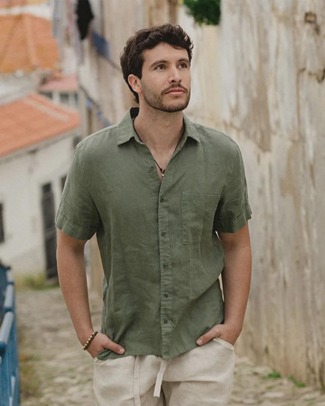 green dress shirt short sleeve Men's Short Sleeve Linen Shirt DENVER in Mist green
