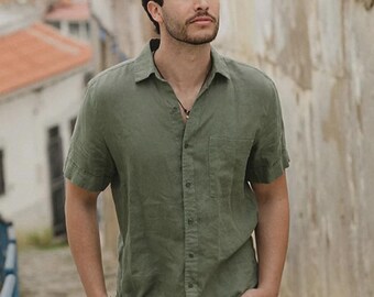 Linen Short Sleeve Shirt for Men - Fitted Summer Shirt for Men - Breathable Button Up - Mist Green Top - Smart Casual Travel Wear DENVER