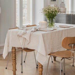 Natural Gingham Linen Tablecloth – Custom Size Washed Flax – Round, Square, Rectangular – Handmade Minimalist Decor – Soft European Linen