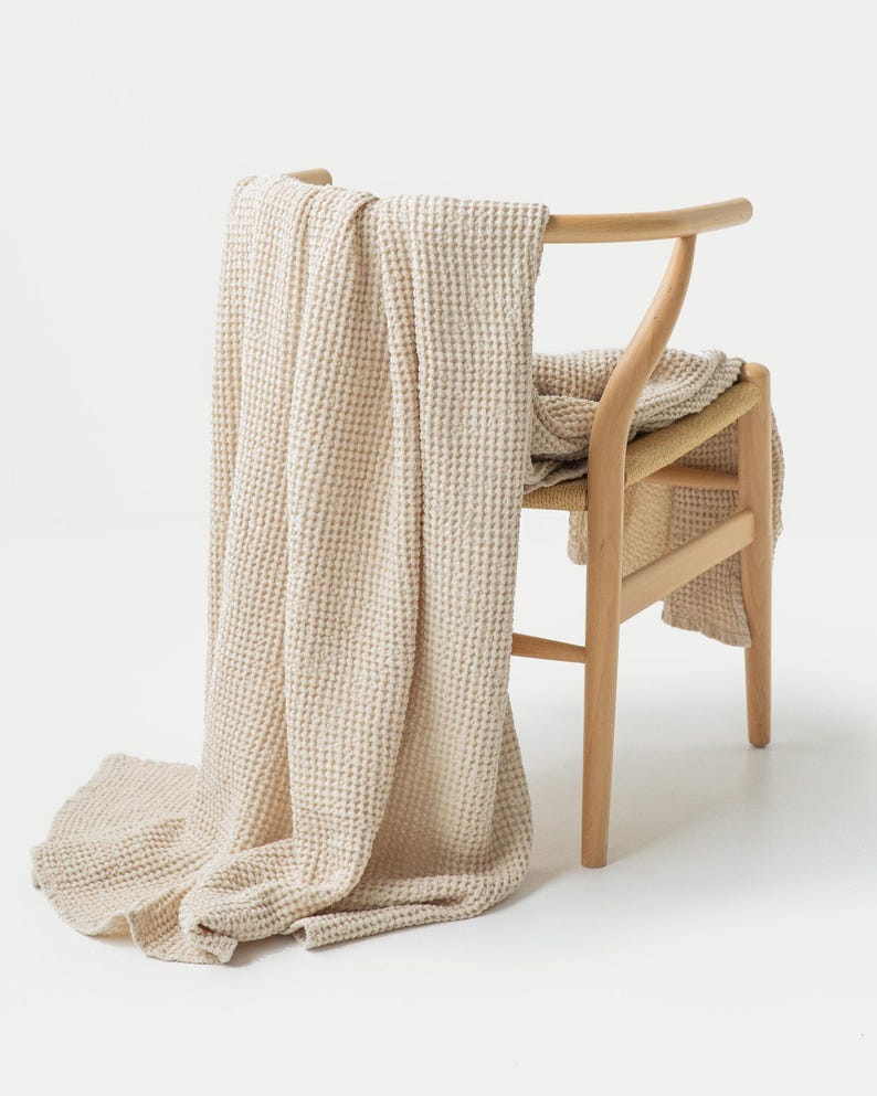 Vanilla Linen Throw Blanket – Soft Waffle Weave Summer Throw – Cozy Breathable Textured Blanket – Housewarming & Home Decor Gift image 1
