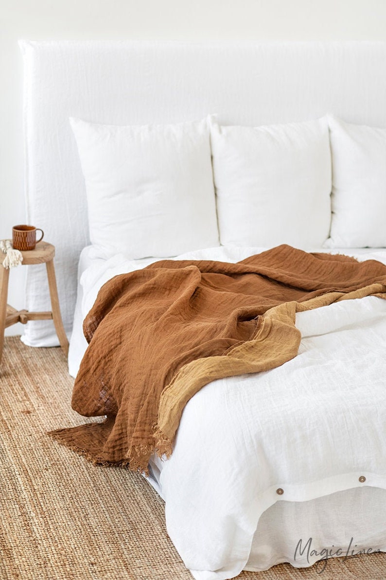 Double sided linen throw. Bed throw blanket in cinnamon/tan