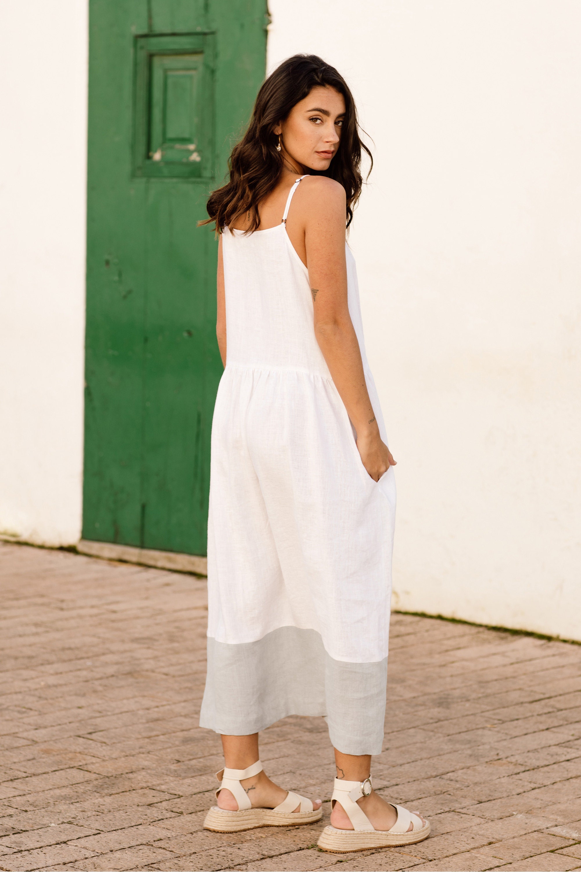 Color-block Linen Dress ADRIA / Midi White and Gray Linen Tunic Dress 