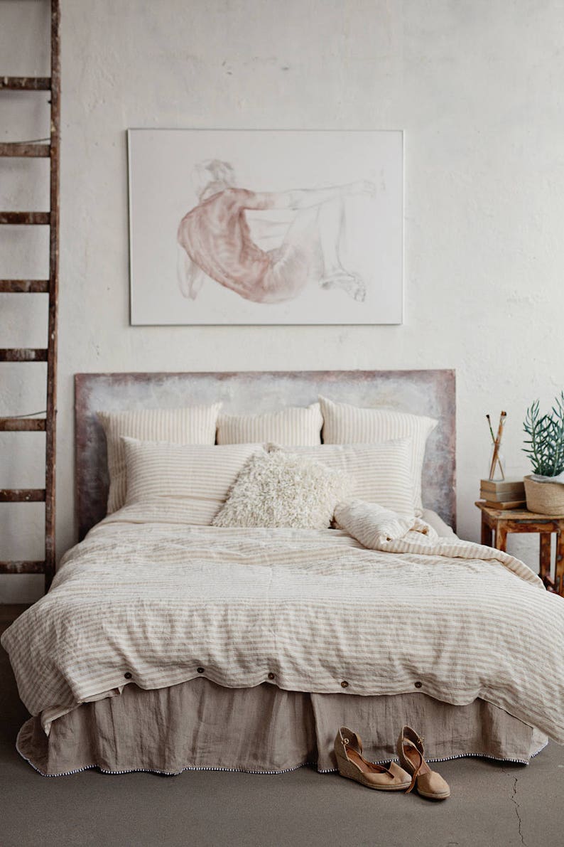Natural Striped Linen Duvet Cover King Queen Custom Sizes Image 0