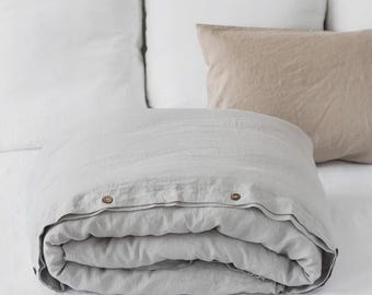 Light Gray Linen Duvet Cover – Stonewashed Flax Bedding – Queen King Comforter – Thermoregulating OEKO TEX Midweight Natural Linen Set