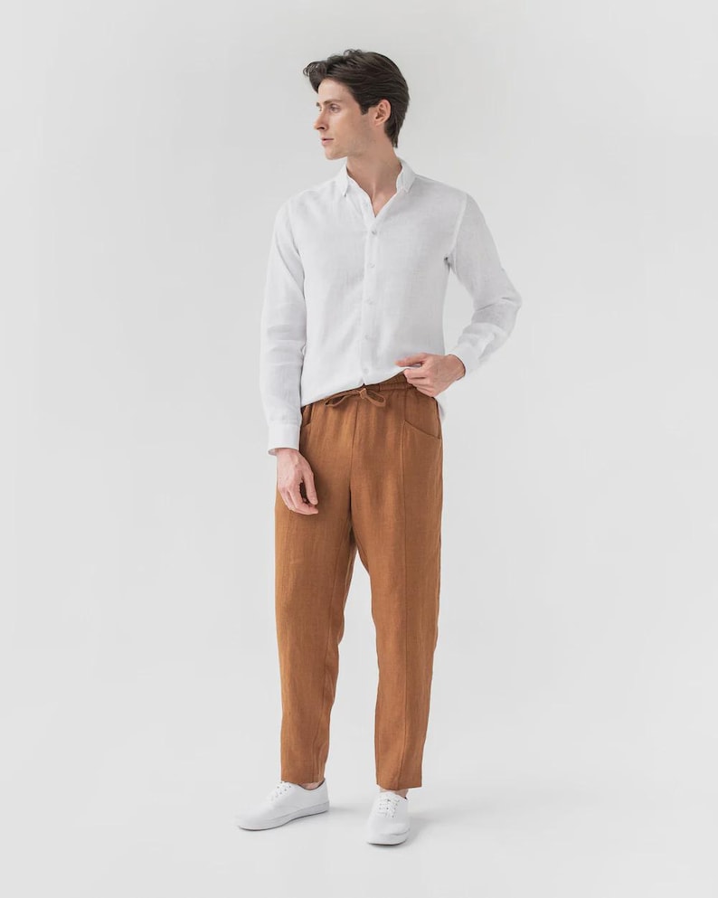 Mens Linen Pants – Cinnamon Trousers with Drawstring Waist and Cargo Pockets – Lightweight Wear - Breathable Outfit, Look TRUCKEE image 2