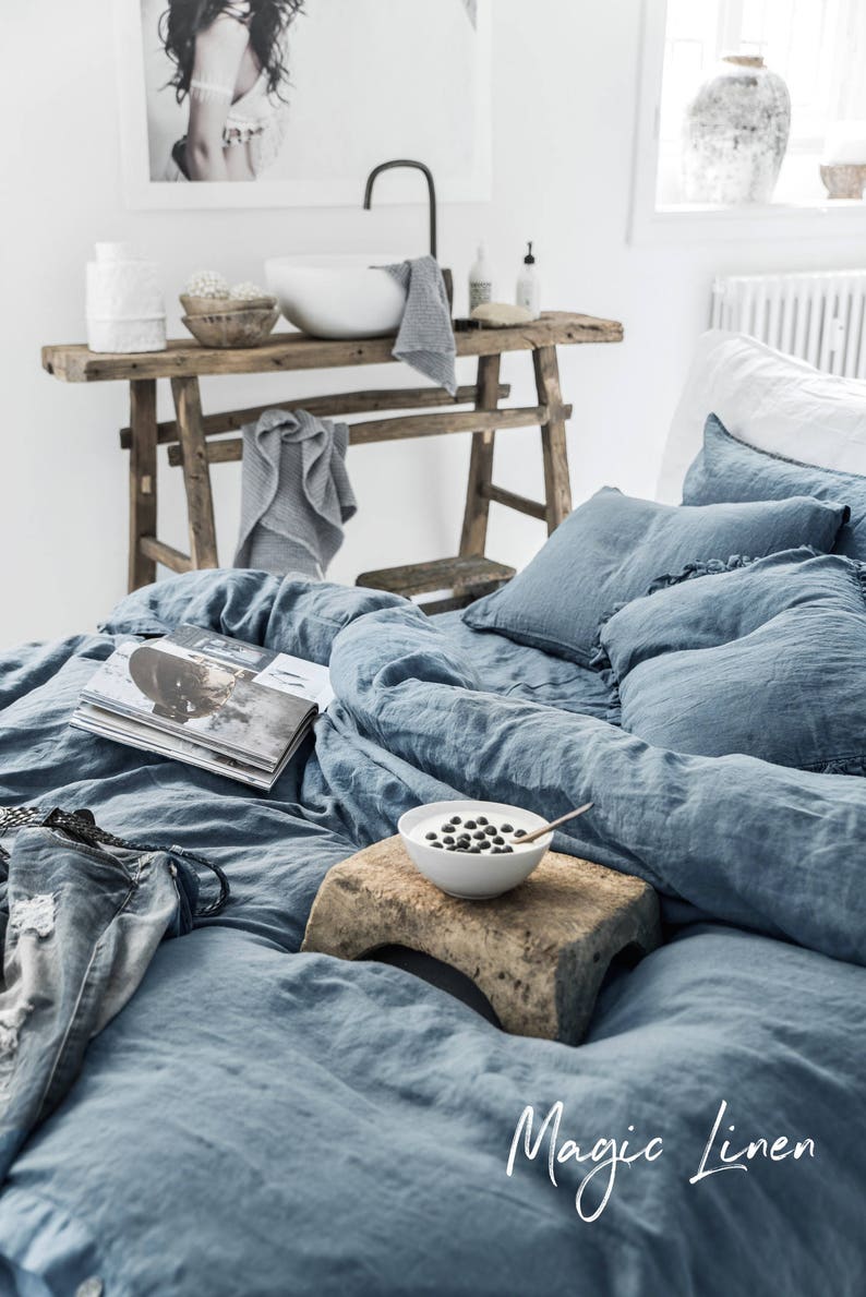 Funda nórdica de lino en color Azul Gris. Ropa de cama de lino a medida. Tamaños rey, reina. imagen 5