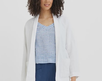 White Linen Jacket Women – Open Front Linen Blazer – Shawl Collar Jacket – Relaxed Fit Layer – Minimalist Spring Autumn Outfit SAN FRANCISCO