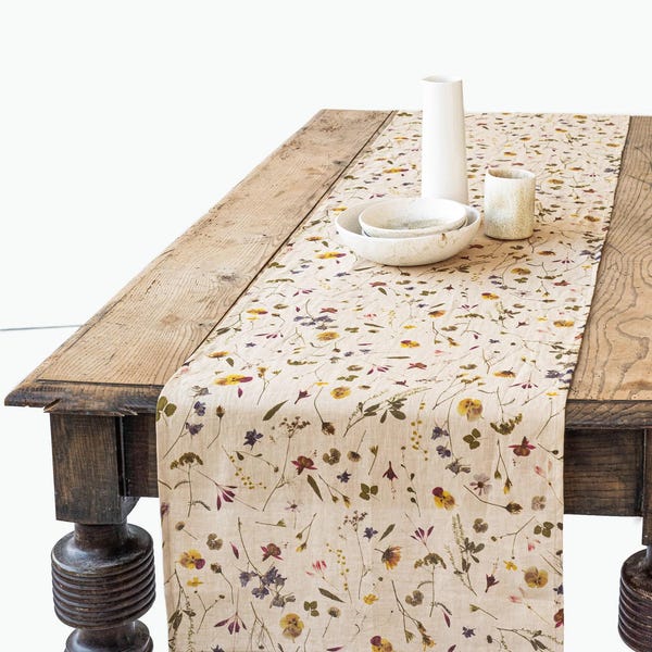 Botanical Linen Table Runner – Herbarium Print – Rustic Spring or Easter Table Decor – Soft Washed European Flax – Natural Cottagecore Style
