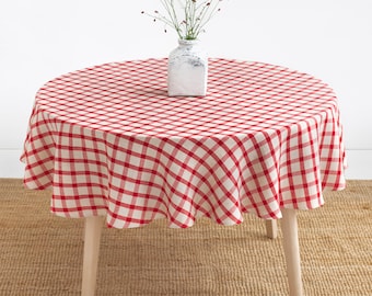 Round linen tablecloth in Red gingham. Christmas tablecloth. Handmade dining round tablecloth