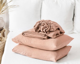 Linen sheet set in Peach / Fitted sheet, flat sheet, 2 pillow cases / Bed Linen / King/Queen size