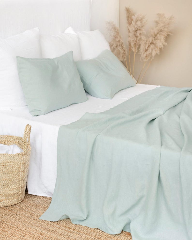 Dusty Blue Linen Flat Sheet – Stonewashed Flax Bedding – Soft Cool Tone Top Sheet – Breathable Natural Layer – Queen King Sizes image 1