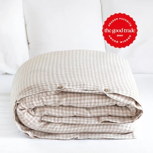Natural Gingham Linen Duvet Cover – Queen King Bedding – Breathable Hypoallergenic Comforter – Stonewashed OEKO TEX Flax Midweight Linen