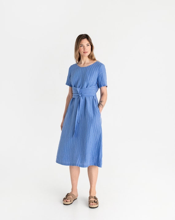 blue dress for baby girl Light Blue Stripe Cotton Blend Midi Dress - All Dresses