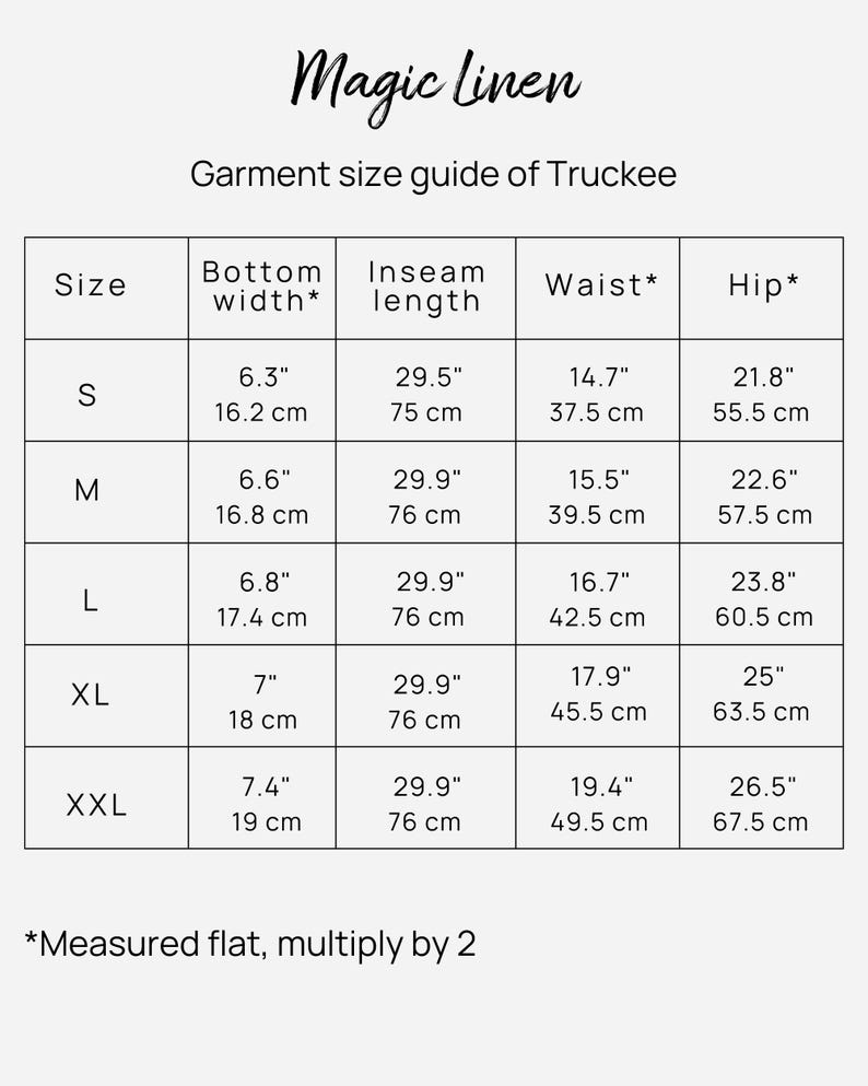 May include: Size chart for women's trousers with measurements in inches and centimetres. The chart shows the bottom width, inseam length, waist, and hip measurements for sizes S, M, L, XL, and XXL.