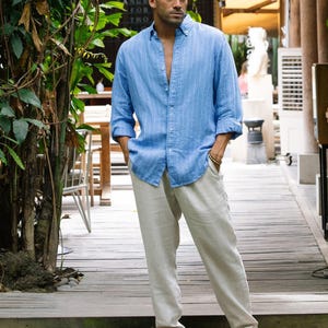 Sage Green Linen Shirt for Men – Long Sleeve Lightweight Button Down Shirt – Relaxed Fit Shirt – Natural Style SINTRA Blue striped