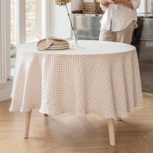 Round Gingham Linen Tablecloth – Natural Stonewashed European Flax – Handmade Rustic Farmhouse Decor – Eco Friendly Dining Linen