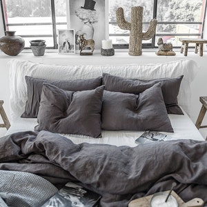 Linen duvet cover in Charcoal Gray Dark Gray color. Washed, softened linen bedding. Custom sizes. image 8