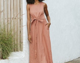 Linen maxi dress BORACAY in Clay pink | Long linen wrap dress for women | Summer dress