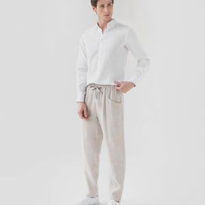 Natural Mens Linen Pants – Trousers with Elastic Waist and Cargo Pockets – Breathable Clothing - Lightweight Outfit TRUCKEE Natural melange