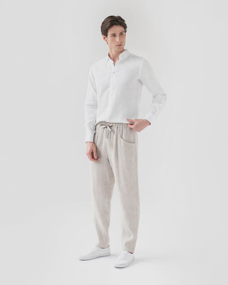 Natural Mens Linen Pants – Trousers with Elastic Waist and Cargo Pockets – Breathable Clothing - Lightweight Outfit TRUCKEE Natural melange